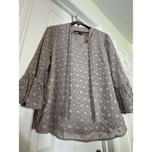 Catherine Malandrino Brown Blouse XL Geometric Print Peasant Sleeve - Picture 2 of 6